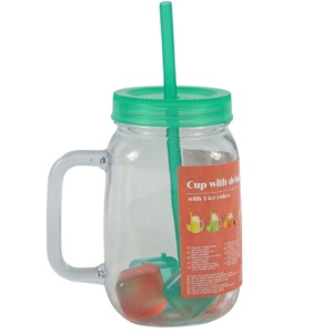 Set 4 pahare tip borcan cu toarta pentru servit limonada, paie plastic, cuburi siliconice, 550ml - Img 4