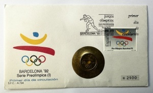 Spania 1988 – Plic filatelico-numismatic FDC „Barcelona ’92 – Seria Preolímpica (I)” + monedă 25 pesetas și timbru stampilat