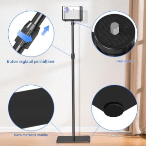 Suport premium de podea pentru proiector video, camera foto/video, dispozitive cu montura filet 1/4, telescopic, maxim 0.96 m, Suptek - Img 2