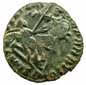 Tablou elegant, dimensiuni 14.8x 19.8 cm, ce conține o monedă autentică din timpul împăratului roman CONSTANTIUS II ( 337-361 ) prezentată într-un design artistic inspirat din stilul roman antic. - Img 3