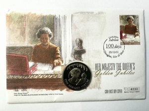 Falkland Islands 50 Pence 2001 – Plic FDC „Her Majesty The Queen’s Golden Jubilee” cu monedă comemorativă și timbru prima zi (Isle of Man) - Img 3