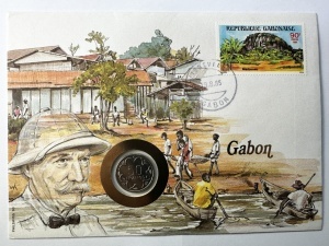 Gabon 1990 – Plic filatelico-numismatic Albert Schweitzer + monedă 50 Francs necirculată (UNC) + timbru ștampilat Lambaréné
