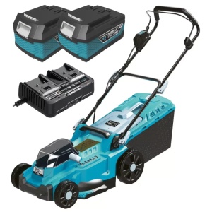 Kit complet masina electrica pentru tuns iarba / gazon, functionare cu acumulatori, 2 x 18V 4Ah, incarcator rapid, inaltime ajustabila, sac colectare, cutit 37cm, Dedra SAS+ALL