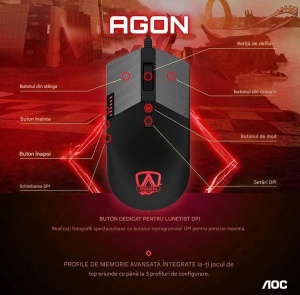 Mouse gaming cu fir AOC Agon AGM700, Iluminare RGB, 16000 dpi, pastile greutati,Negru - Img 9