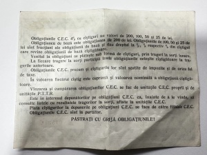 Obligatiune C.E.C. de 200 lei, cu dobândă de 4% și câștiguri prin tragere la sorți, emisă în perioada Republicii Socialiste România (1965–1989). - Img 2