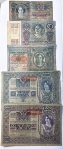 Set Bancnote Austro-Ungaria - 20/50/100/1000/10.000 Korona ( 1902-1918 )