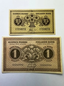 Set bancnote Finlanda 1918 – 25 Penniä & 1 Markka – Primele emisiuni după independența de Rusia - Img 3