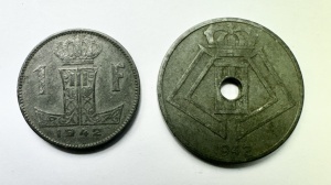 Set Monede - Belgia - Ocupatie Germana - 25 Centimes + 1 Franc 1942
