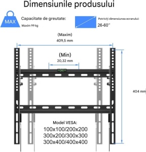 Suport pentru TV, televizor cu diagonala intre 26" - 60", greutate maxima 45kg, VESA de la 100x100 pana la 400x400, Suptek - Img 3