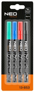 4 darabos készlet tartós filctoll fém, üveg, kő, fa, műanyag, univerzális, fekete, piros, zöld, kék színű, vízálló, Neo Tools
