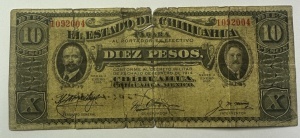 Bancnota Istorica - Mexic – El Estado de Chihuahua, 10 Pesos, 1914