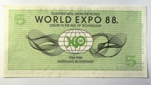 Bancnota - World Expo 88 (Australia, Brisbane) - 5 Expo Follars - Img 2