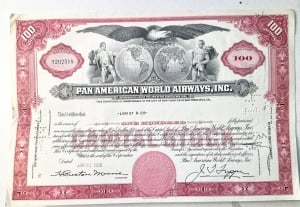 Certificat de acțiuni Pan American World Airways, Inc. - USA - 1958