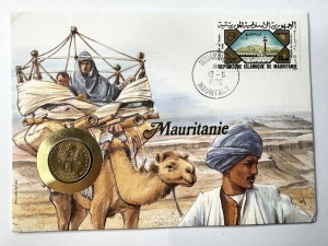 Mauritania 1992 – Plic filatelico-numismatic + monedă 10 Ouguiya necirculată (UNC) + timbru ștampilat Nouakchott