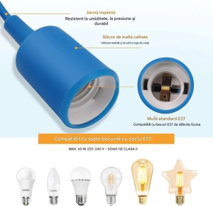 Mennyezeti lámpatest, E27 foglalat, max 60W izzó, kék PVC, 1m fonott kábel, ExtraStar - Img 8