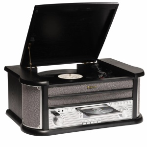 RETRO stílusú autórádió, CD-lejátszó, USB, tuner, AUX, kazettás magnó, lemezjátszó, fa burkolat, FEKETE, Denver MRD-51B