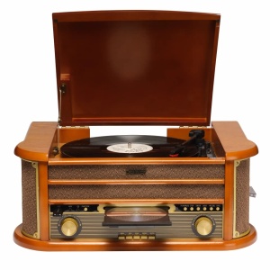 RETRO sztereó, cd-lejátszó, usb, tuner, aux, kazetta, hangszedő, fa doboz, Denver MRD-51