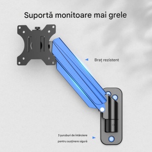Suport premium prindere perete pentru monitor, brat cu gaz, VESA 75x75 si 100x100, greutate suportata 9Kg, Suptek - Img 5
