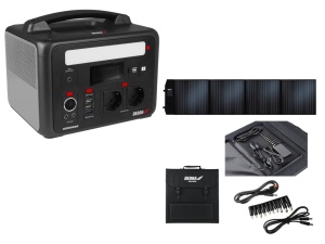 Vészhelyzeti áramforrás, kemping, horgászat, lakókocsi, 600W állandó / 1200W csúcs, 220V, 12V, USB + összecsukható napelem 100W, Dedra