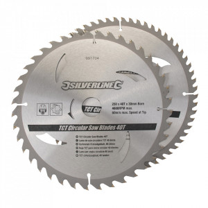 2 db körfűrészlap készlet, 250mm, fogazás 40, 60, központosító gyűrű 16, 20, 25, 30mm, Silverline
