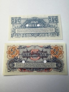 Bancnote militare britanice WWII – 1 Shilling & 5 ( 1946-1948 ) - Img 4