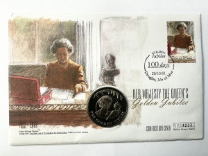 Falkland Islands 50 Pence 2001 – Plic FDC „Her Majesty The Queen’s Golden Jubilee” cu monedă comemorativă și timbru prima zi (Isle of Man)