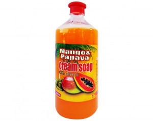 Folyékony szappan, tartalék 1000ml, kupak cseppentővel, Mango & Papaya - krémszappan, olívaolaj kivonat, PH - kontroll, Cloret