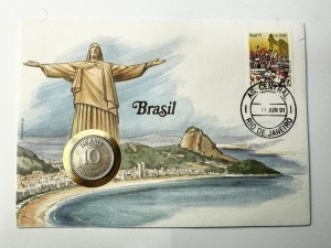 Plic filatelico-numismatic Brazilia 1991 – Cristos Mântuitorul + monedă 10 Centavos UNC + timbru ștampilat Rio de Janeiro