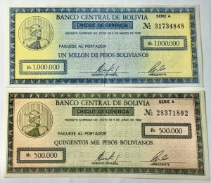 Set Bolivia 500.000 + 1.000.000 Pesos Bolivianos – Cheque de Gerencia, 1984–1985