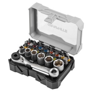 Set de biti, 25 mm, tubulare 1/4, cu clichet si suport magnetic de 60 mm, 24 piese.