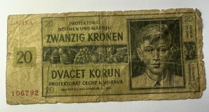 Bancnota - 20 Korun (Zwanzig Kronen) – Protectoratul Boemiei și Moraviei, emisă la 24 ianuarie 1944, în perioada ocupației naziste din Cehoslovacia (1939–1945).
