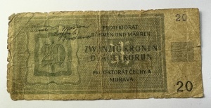 Bancnota - 20 Korun (Zwanzig Kronen) – Protectoratul Boemiei și Moraviei, emisă la 24 ianuarie 1944, în perioada ocupației naziste din Cehoslovacia (1939–1945). - Img 2