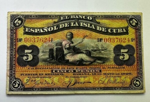Bancnotă Istorică de 5 Pesos – Cuba, 15 Mai 1896