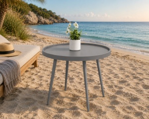Masuta de cafea, decor pentru casa, terasa, living, piscina, diametru 49.5 cm, inaltime 48cm, greutate suportata 20Kg, picioare metal, blat polipropilena, GRI - Img 3