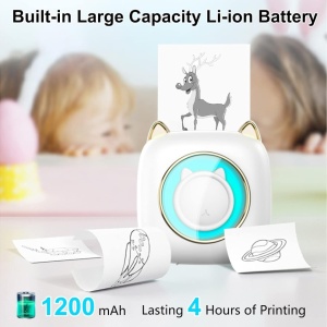 Mini hordozható hőnyomtató, 1200Ah akkumulátor, USB-C, + 10 ajándék tekercs, macska modell, fehér, bluetooth kapcsolat, HuiJuke - Img 4