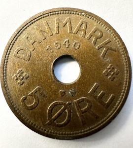 Moneda Danemarca - Ocupatie Germana - Christian X - 5 Ore 1940
