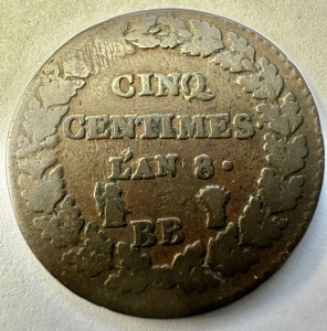 Monedă Franța – 5 Centimes – L’An 8 (1799–1800) – Atelier BB Strasbourg – Prima Republică