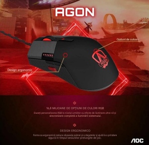 Mouse gaming cu fir AOC Agon AGM700, Iluminare RGB, 16000 dpi, pastile greutati,Negru - Img 10