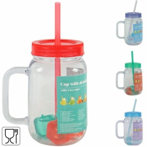 Set 4 pahare tip borcan cu toarta pentru servit limonada, paie plastic, cuburi siliconice, 550ml - Img 2