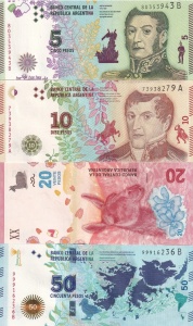 Set Bancnote - Argentina - 5/10/20/50 Pesos 2015-2019