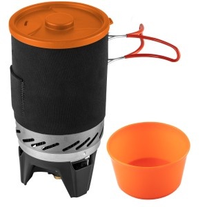 Set camping (vas gatit camping cu manere si protectie de neopren + arzator + bol, si sac de transport)