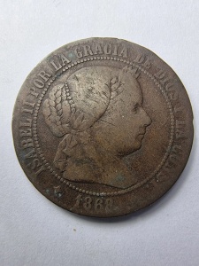 Spania - 1868 – Regina Isabella II – 5 Céntimos de Escudo - Img 3