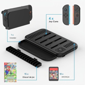 Suport multifunctional compatibil cu Nintendo Switch 2, incarcare 4 joycon, suport 18 carduri, led RGB - Img 6