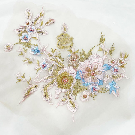 Embroidered 3D Flowers and Pearls applique, Open Colours, 36 x 25 cm