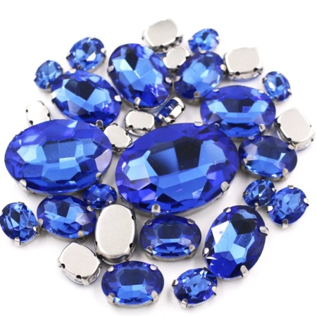 Set Cristale de Cusut Ovale, Albastru, Baza Argintiu, (20 bucati/set)