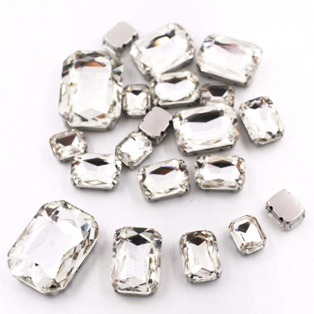 Set of Rectangular Sewing Crystals, Rectangular, Transparent, Silver Base, (20 pieces/set)
