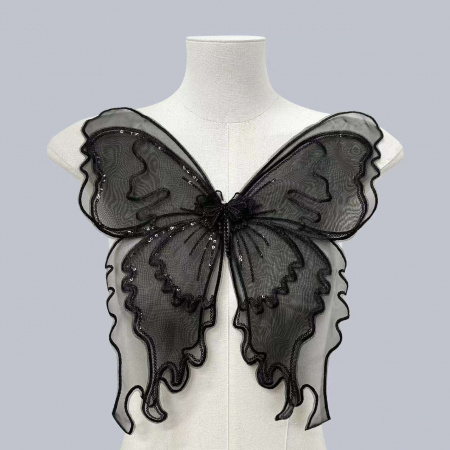 Aplicatie Brodata Fluture Organza, Alb/Negru, 37 x 34 cm