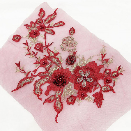 Embroidered appliqué with 3D flowers and pearls, dark red, 36 x 25 cm