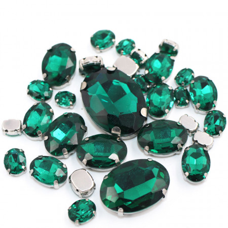 Set Cristale de Cusut Ovale, Verde Imperial, Baza Argintiu, (20 bucati/set)