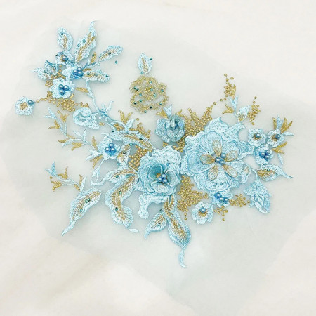 Aplicatie Brodata cu Flori 3D si Perle, Albastru Deschis, 36 x 25 cm